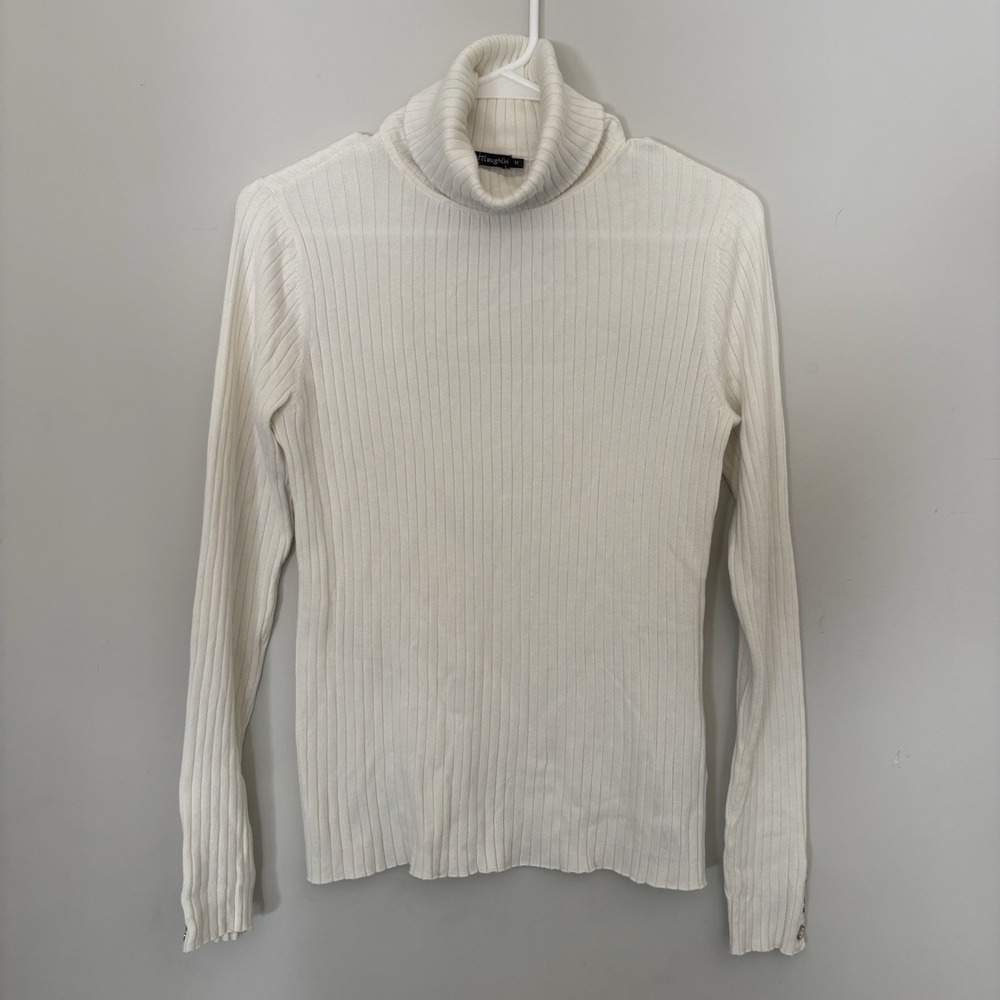 J.McLaughlin Womens Ribbed Turtleneck Sweater Soft whiteButton Cuff Size Medium